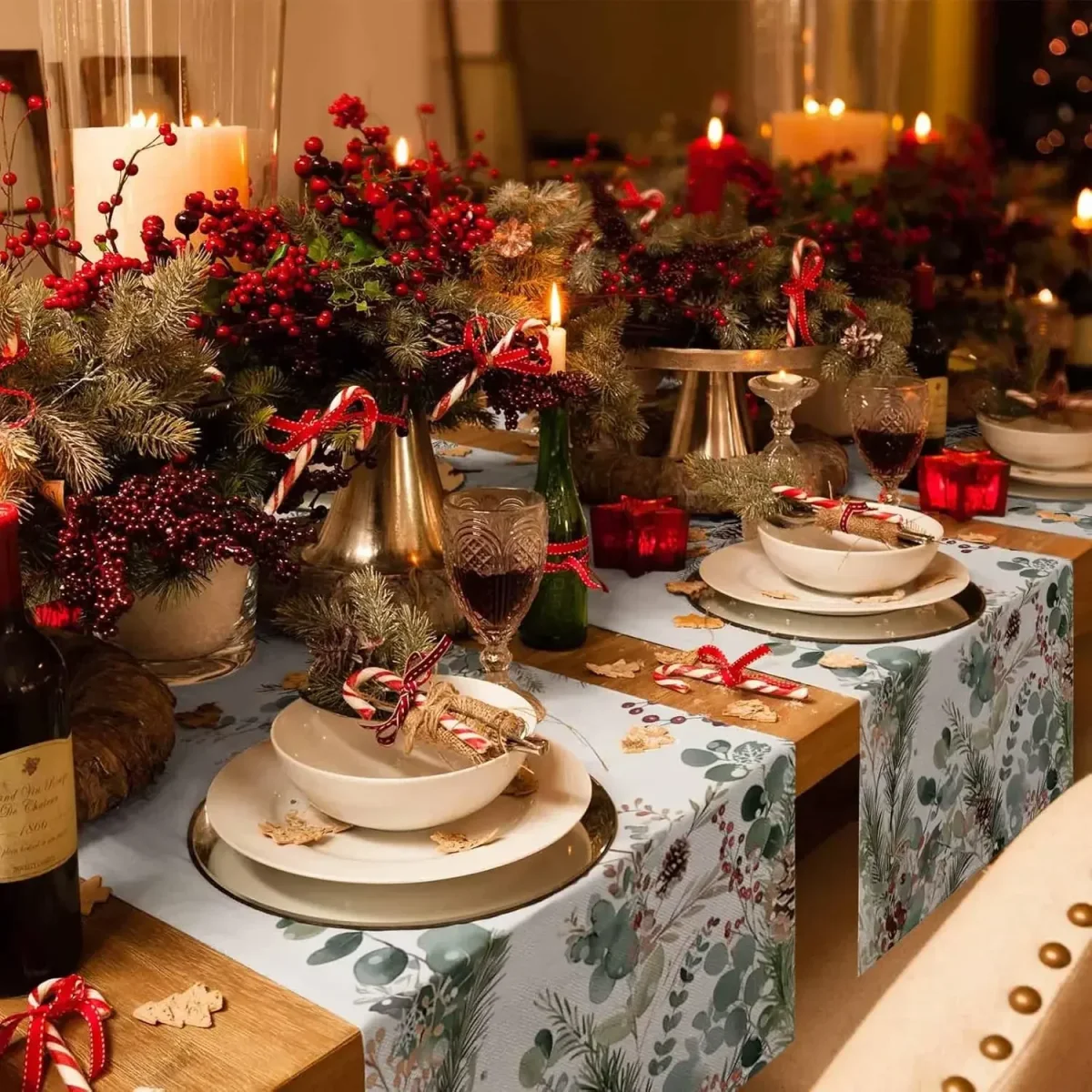 Chemin de table en lin imprimé pin cône eucalyptus Noël – Image 3