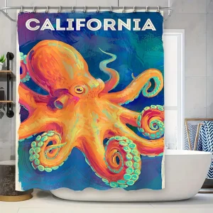 Rideau de douche poulpe californien orange bleu imperméable - Décoration salle de bain moderne