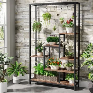 Support pour plantes d'intérieur 5 niveaux métal 180 cm avec crochets, étagère échelle multifonction