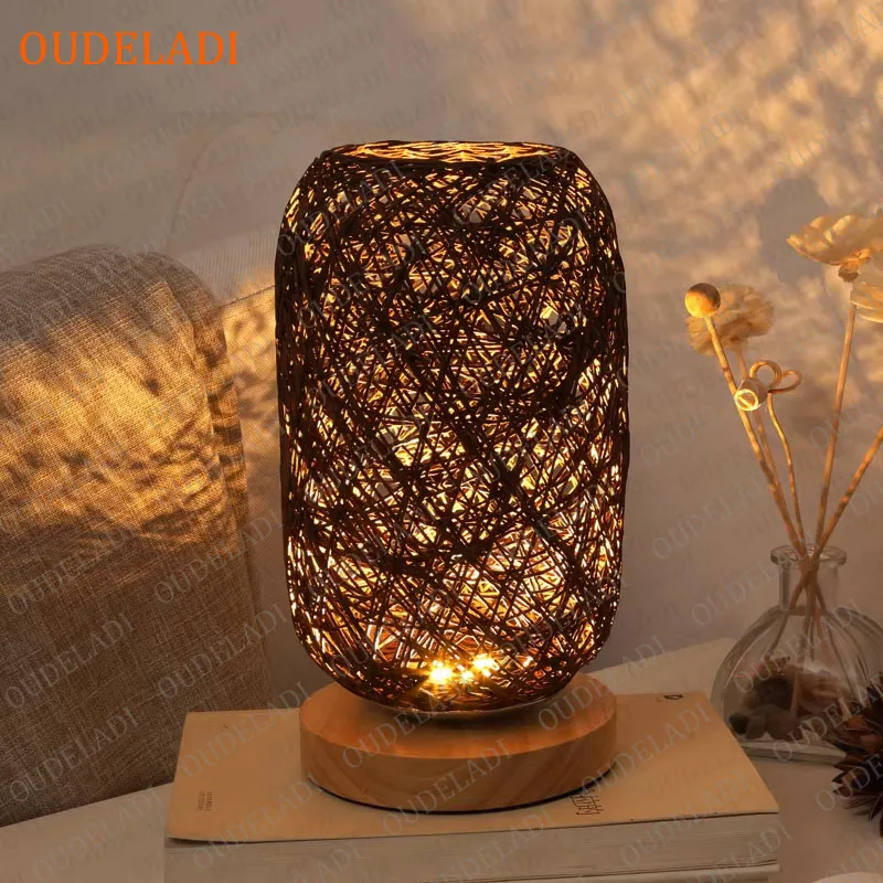 Lampe de chevet en rotin naturel - Abat-jour corde bois - Veilleuse USB et prise EU - Décoration salon chambre – Image 5