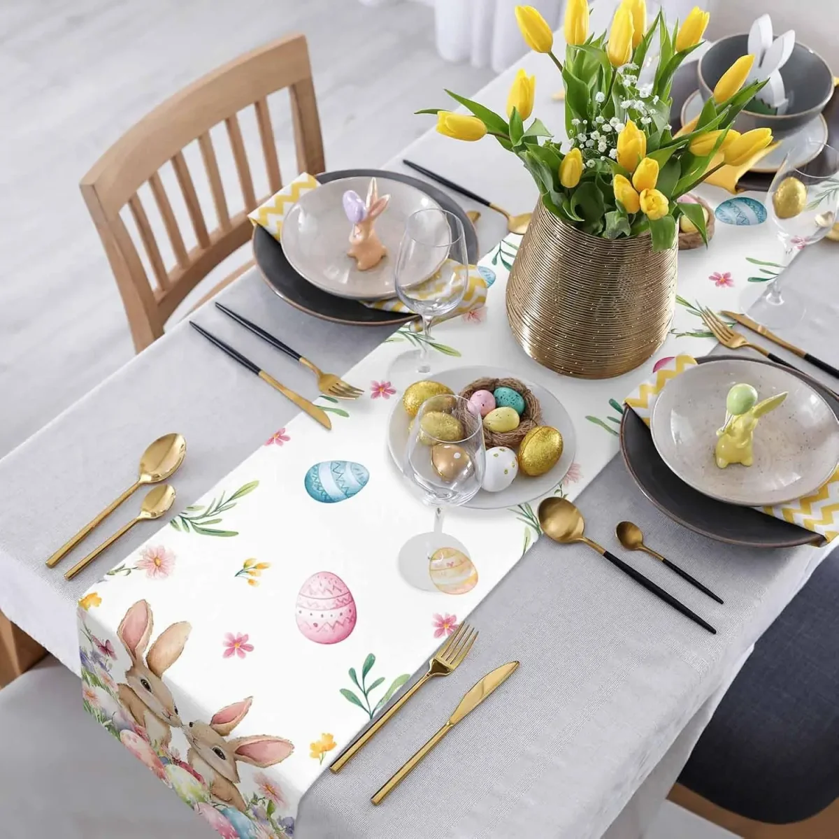 Chemin de table lin imprimé Pâques œufs floraux rustique – Image 6