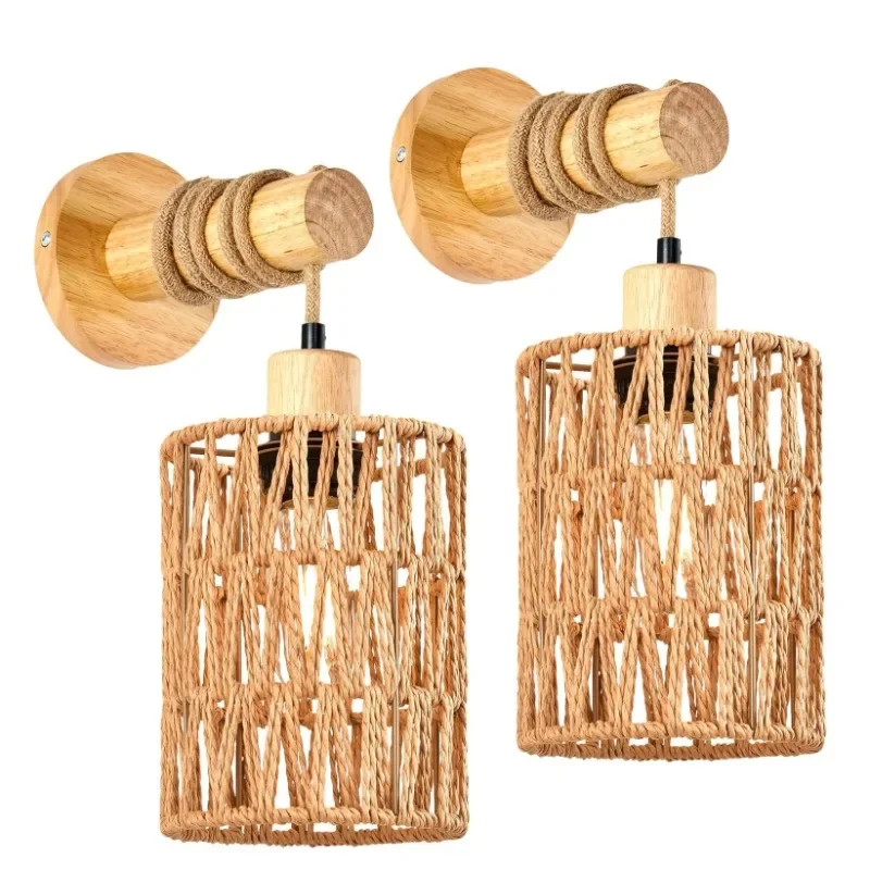 Lampe murale tête de lit en corde de chanvre, applique cylindrique pour chambre campagne – Image 2