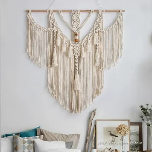 Tapisserie murale macramé avec pompons, décoration boho pour chambre et salon, tissée main