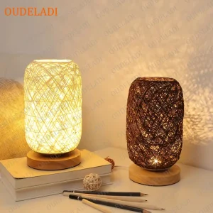 Lampe de chevet en rotin naturel - Abat-jour corde bois - Veilleuse USB et prise EU - Décoration salon chambre
