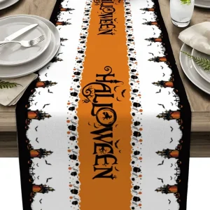 Chemin de table lin Halloween château chauves-souris imprimé décor festif