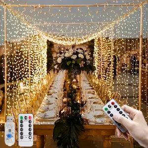 Guirlande lumineuse rideau USB 300 LED avec télécommande pour décoration intérieure et extérieure