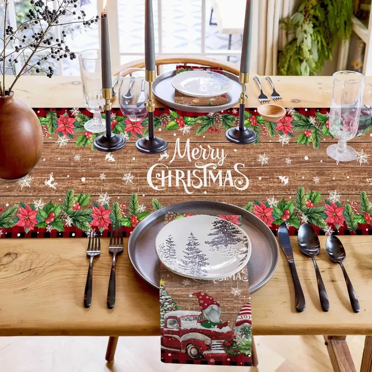Chemin de table en lin Noël gnomes camion poinsettia rustique – Image 4
