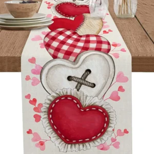 Chemin de table lin imprimé cœurs rouges tartan romantique