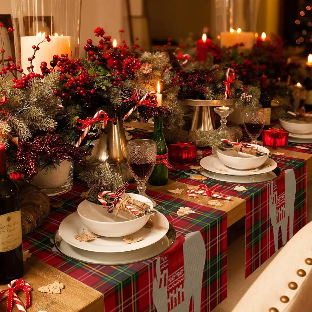 Chemin de table en lin Noël cerf carreaux rouge vert – Image 5