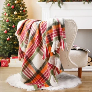 Plaid tartan polyester doux 127x152cm à pompons, chaud décor cocooning