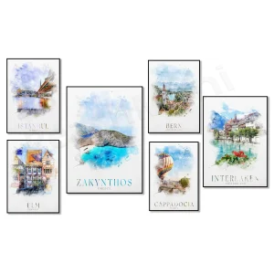 Affiche aquarelle îles Grèce toile CANVAS paysage décor mural élégant