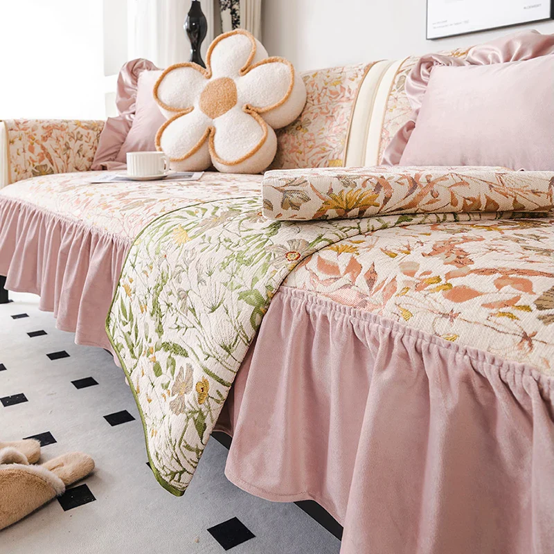 Housse de canapé jacquard chenille rose européen quatre saisons – Image 3