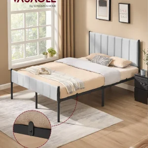 Cadre de lit double 140x190 cm avec tête de lit rembourrée gris tourterelle, design minimaliste et stable