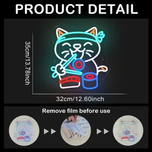 Panneau néon mural Sushi Chat, décoration murale acrylique LED pour chambre, bar, restaurant
