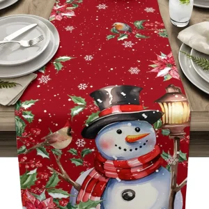 Chemin de table lin Noël motif bonhomme de neige poinsettia