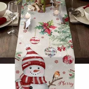 Chemin de table Noël lin imprimé bonhomme de neige poinsettia