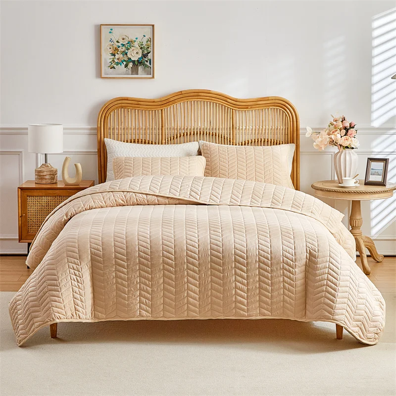 Ensemble couvre-lit matelassé moderne à rayures blé - Polyester épais avec taies d'oreiller – Image 6