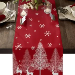 Chemin de table lin imprimé Noël renne sapins lavable