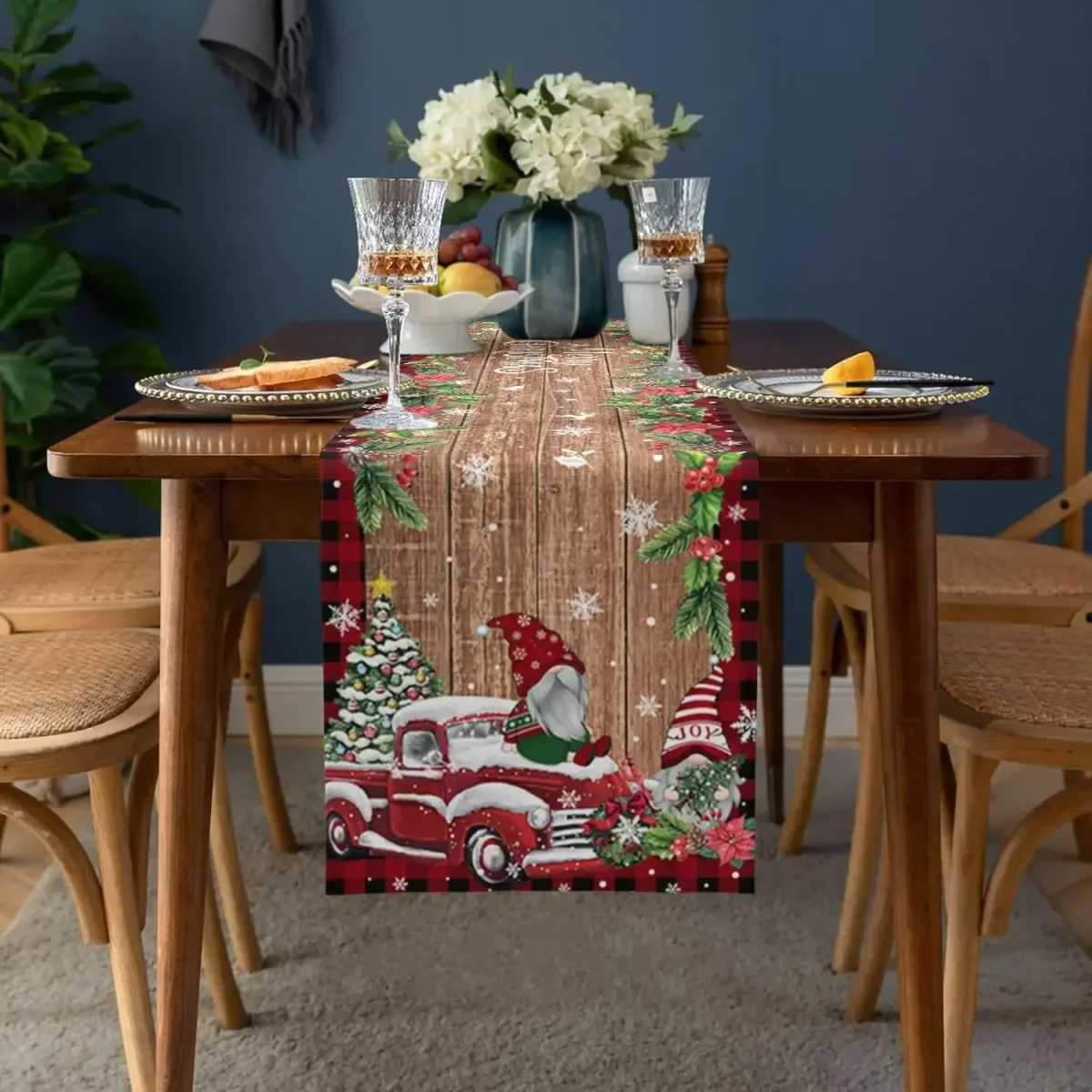 Chemin de table en lin Noël gnomes camion poinsettia rustique – Image 3