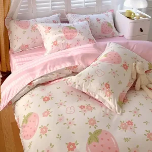 Housse de couette rose fraise 3 pièces en polyester doux pour chambre fille - Ombre Interieur