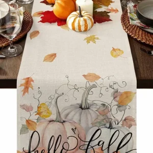 Chemin de Table Lin Citrouille Feuilles d'Automne Thanksgiving Décoration Festive Réutilisable