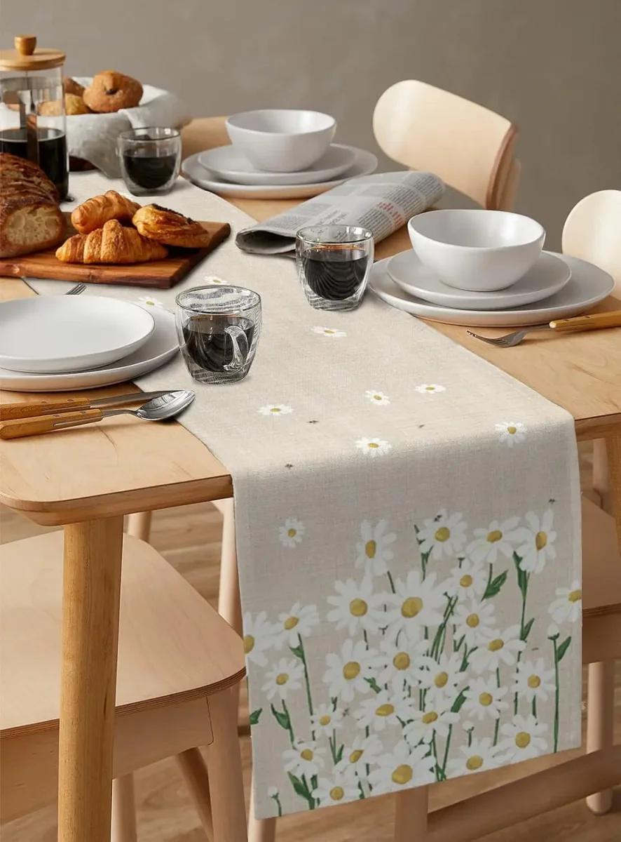Chemin de table en lin imprimé marguerite blanc floral réutilisable – Image 6