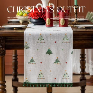 Chemin de table polyester imitation chanvre motif sapin Noël