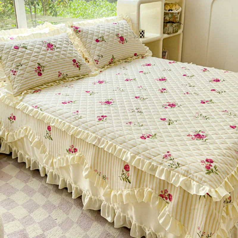 Couvre-lit matelassé 100% coton avec jupe dentelle princesse pour lit King Queen – Image 3