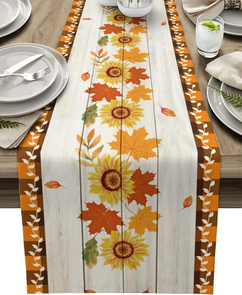 Chemin de table lin imprimé tournesols et feuilles d'érable – Image 2