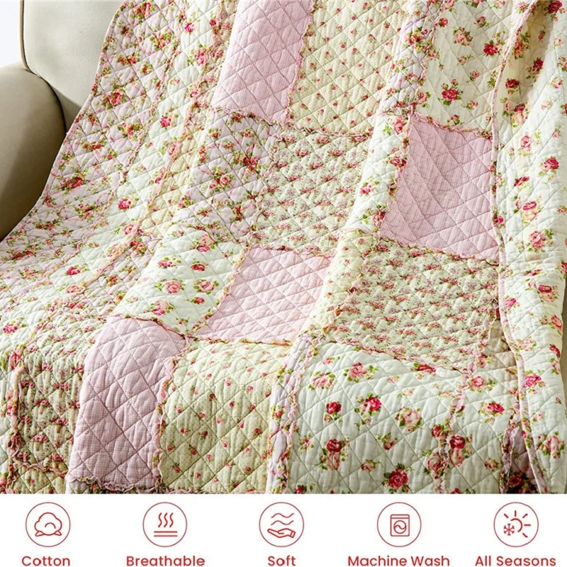 Couvre-lit patchwork réversible en coton floral rose - Jeté de lit Shabby Chic pour chambre – Image 5