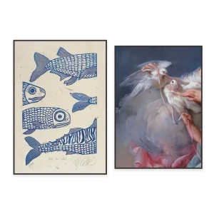 Affiche Murale Vintage Oiseaux Poissons – Décoration Rustique Ferme – Art Animalier Authentique