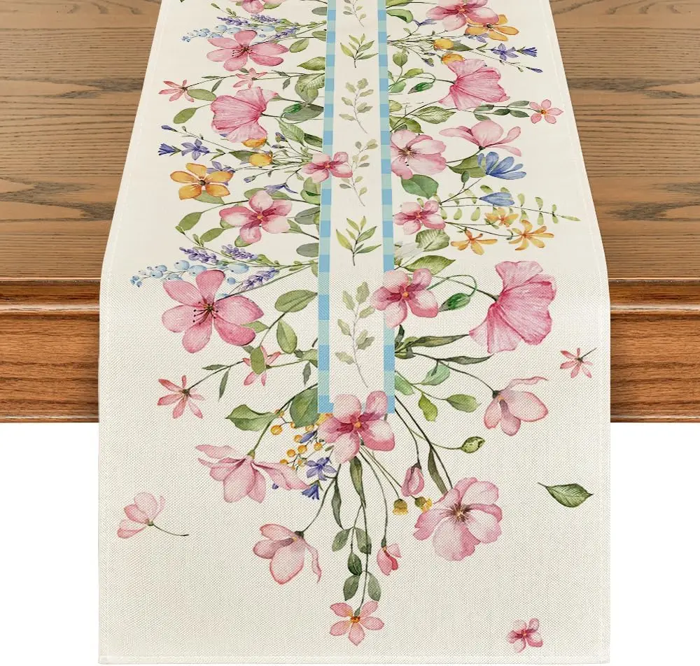 Chemin de table en lin imprimé fleurs aquarelle rose – Image 2