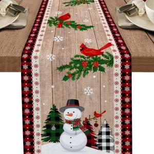 Chemin de table lin Noël imprimé sapin bonhomme neige