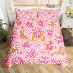 Housse de couette Noël rose bonhomme pain d'épice, ensemble literie festif pour chambre