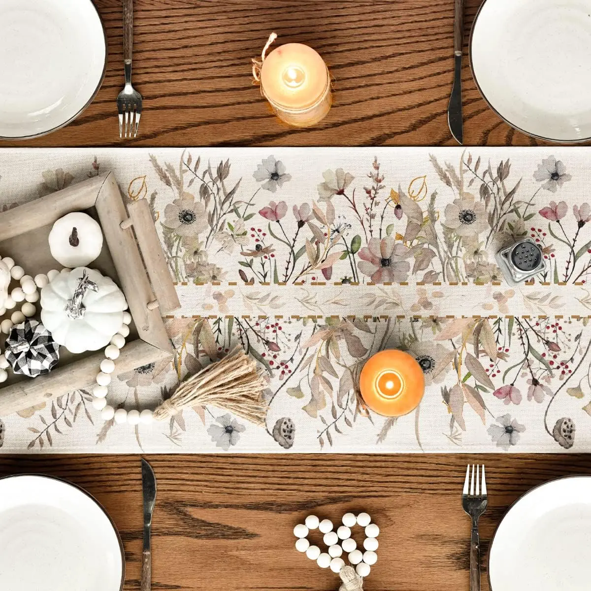 Chemin de table lin imprimé fleurs sauvages lavable réutilisable élégant – Image 5