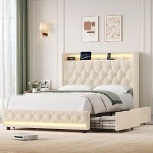 Lit double 140x200 avec LED, coffre et tiroirs, tête de lit rembourrée cristal blanc ou noir
