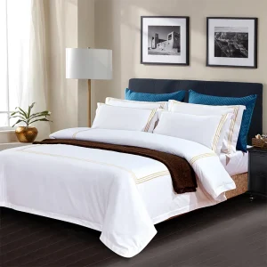 Parure de lit 3 pièces coton satin luxe hôtel - Bleu, Jaune, Blanc - Ombre Interieur
