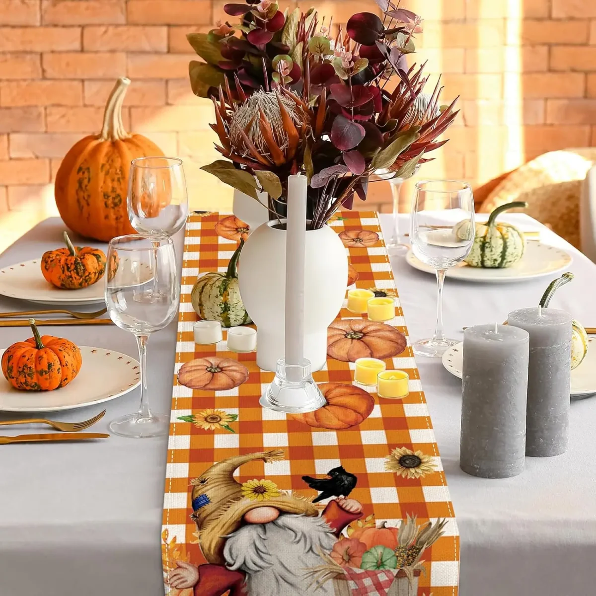 Chemin de table 100% lin imprimé automne citrouille tournesol gnome – Image 4