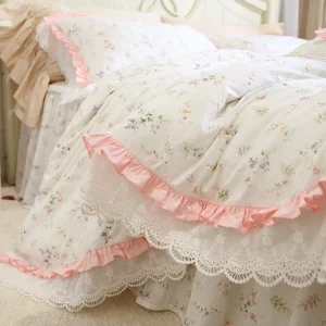 Parure de lit en coton dentelle à volants imprimé Rose romantique pour chambre princesse