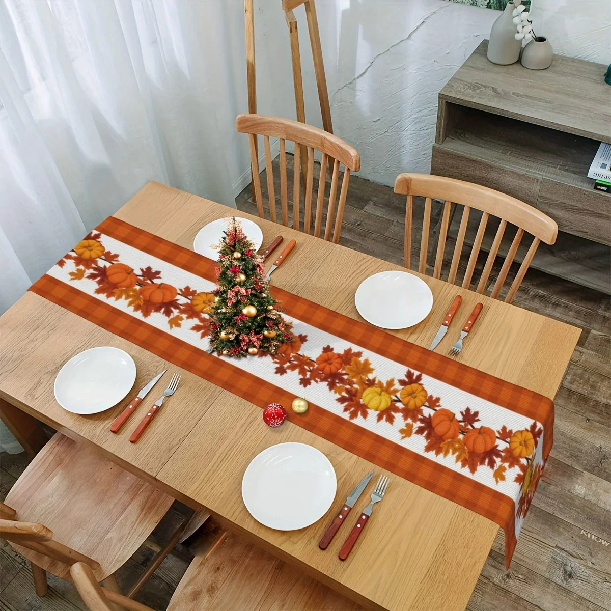 Chemin de table en lin imprimé citrouille feuille d'érable Noël – Image 4