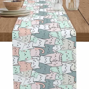 Chemin de table en lin 100% imprimé chat mignon – Décor convivial