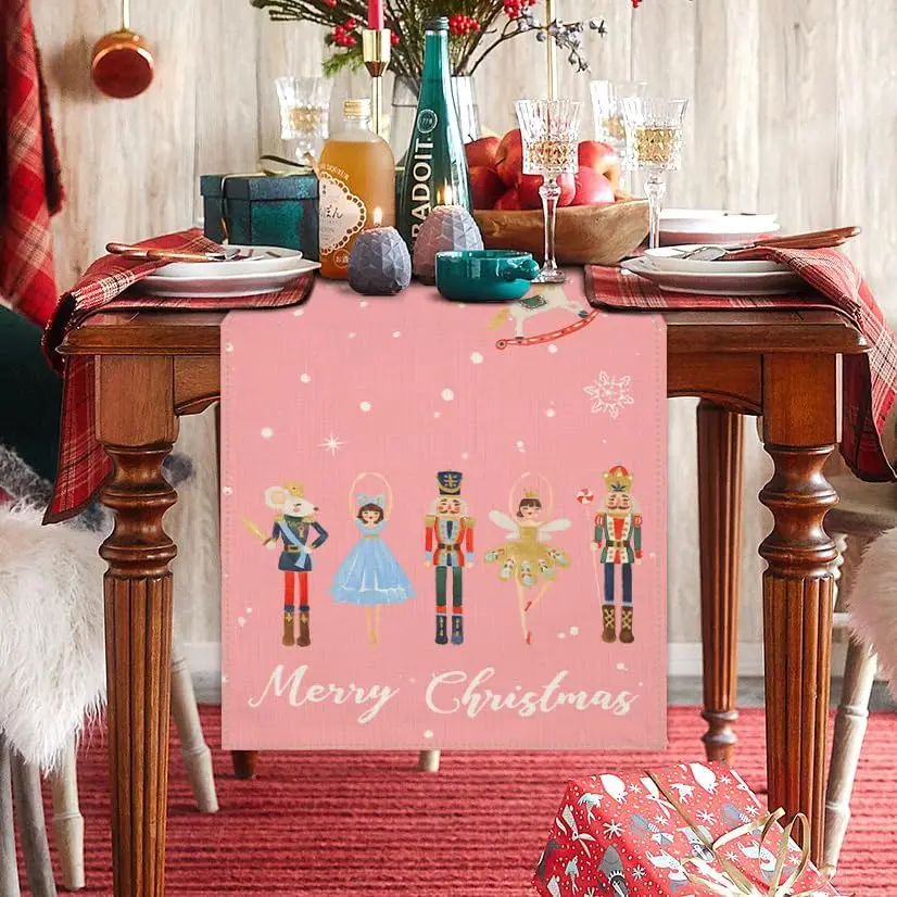 Chemin de table en lin Rose imprimé Noël, décoration élégante – Image 3