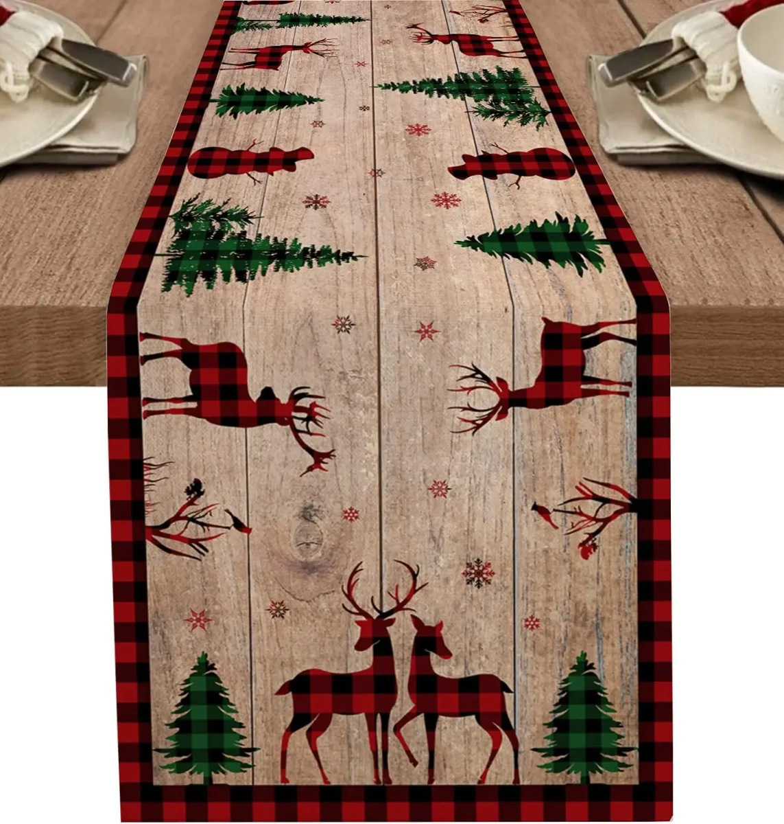 Chemin de table lin imprimé flocons et carreaux Noël – Image 2