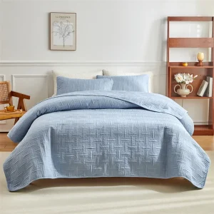 Ensemble couvre-lit matelassé moderne à rayures blé - Polyester épais avec taies d'oreiller
