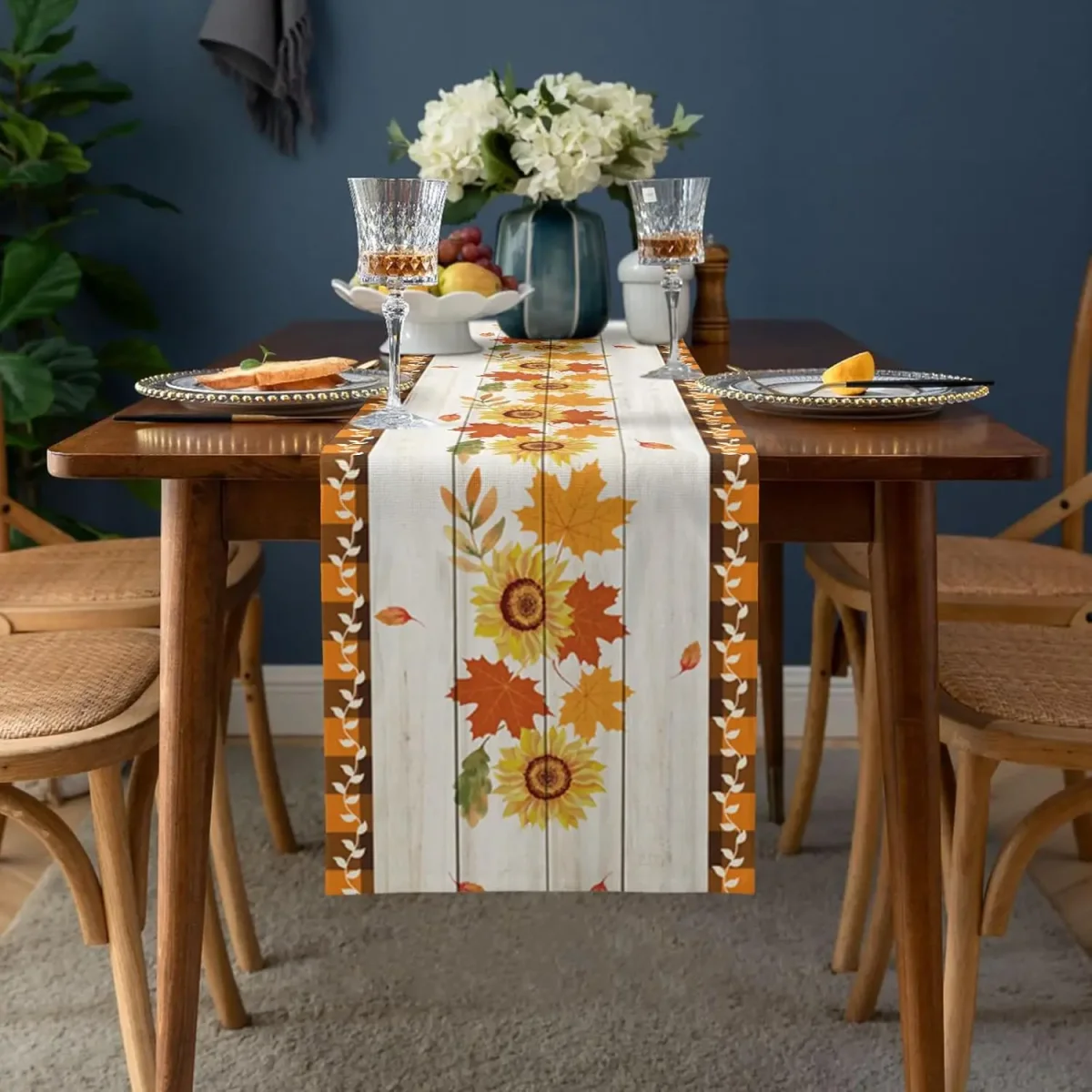 Chemin de table lin imprimé tournesols et feuilles d'érable – Image 3
