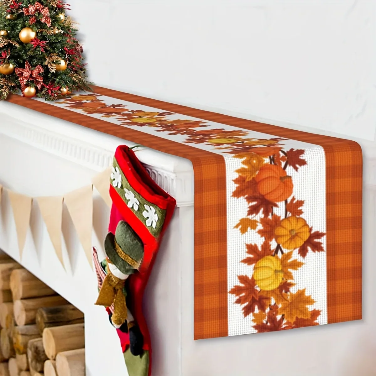 Chemin de table en lin imprimé citrouille feuille d'érable Noël