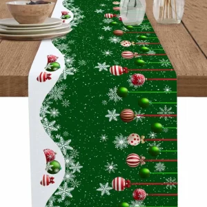 Chemin de table en lin imprimé flocons de neige vert