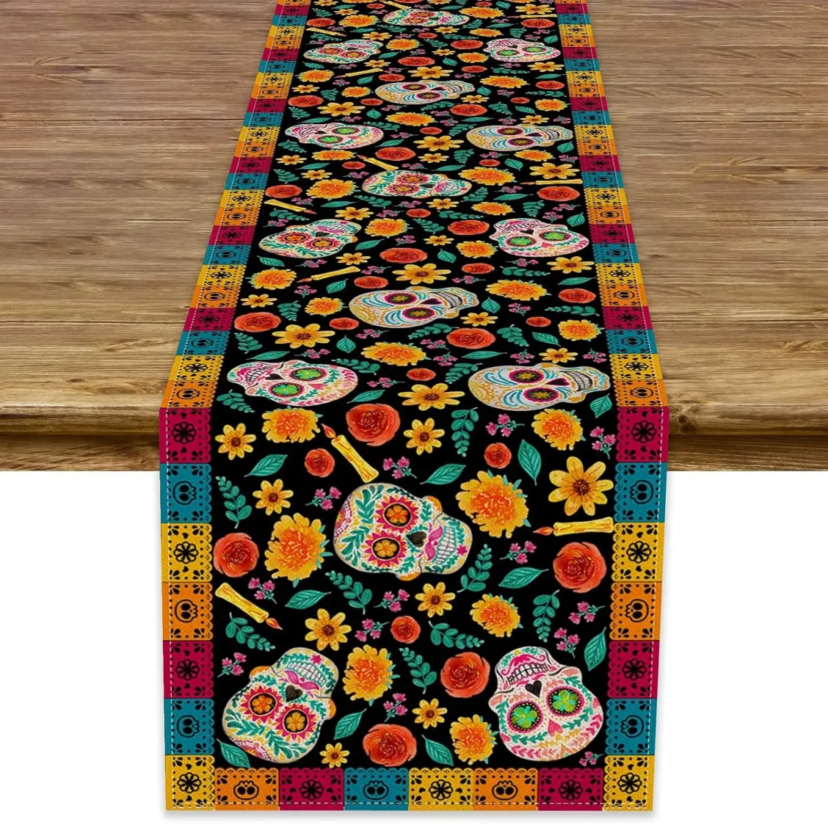 Chemin de table en lin imprimé Calavera – Déco table Halloween – Image 2