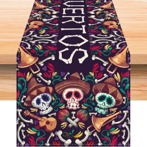 Chemin de table en lin imprimé crâne mexicain pour décoration