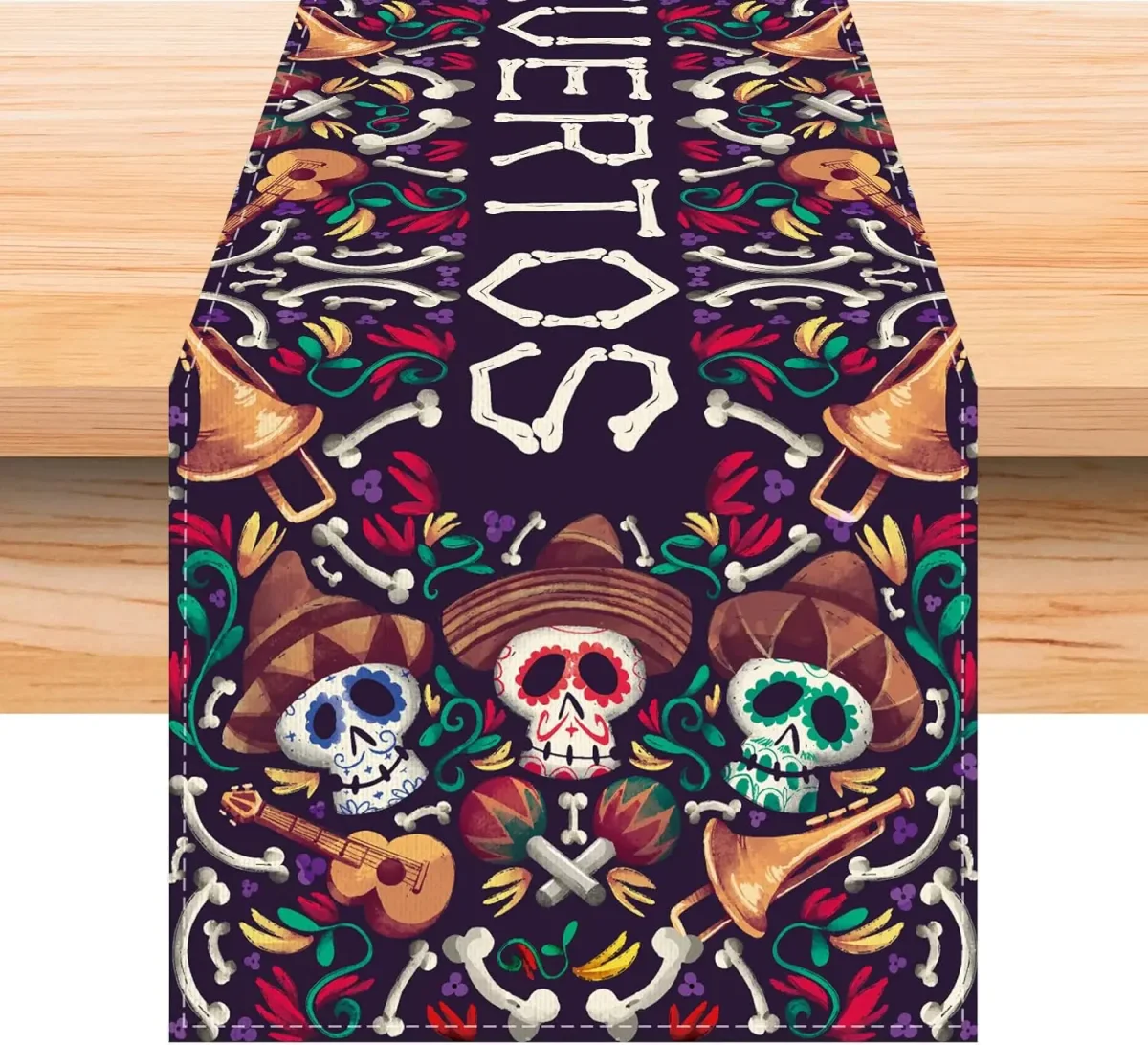 Chemin de table en lin imprimé crâne mexicain pour décoration
